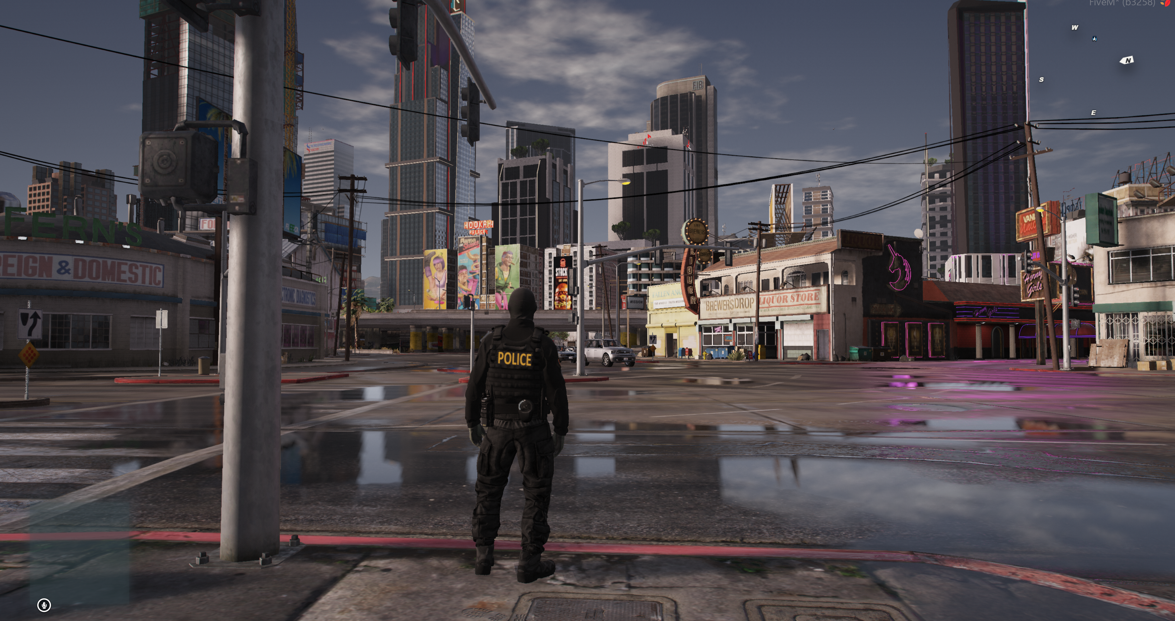 GTA 6 graphics pack for FiveM showing improved wet-road reflections, lighting, water, and colour grading